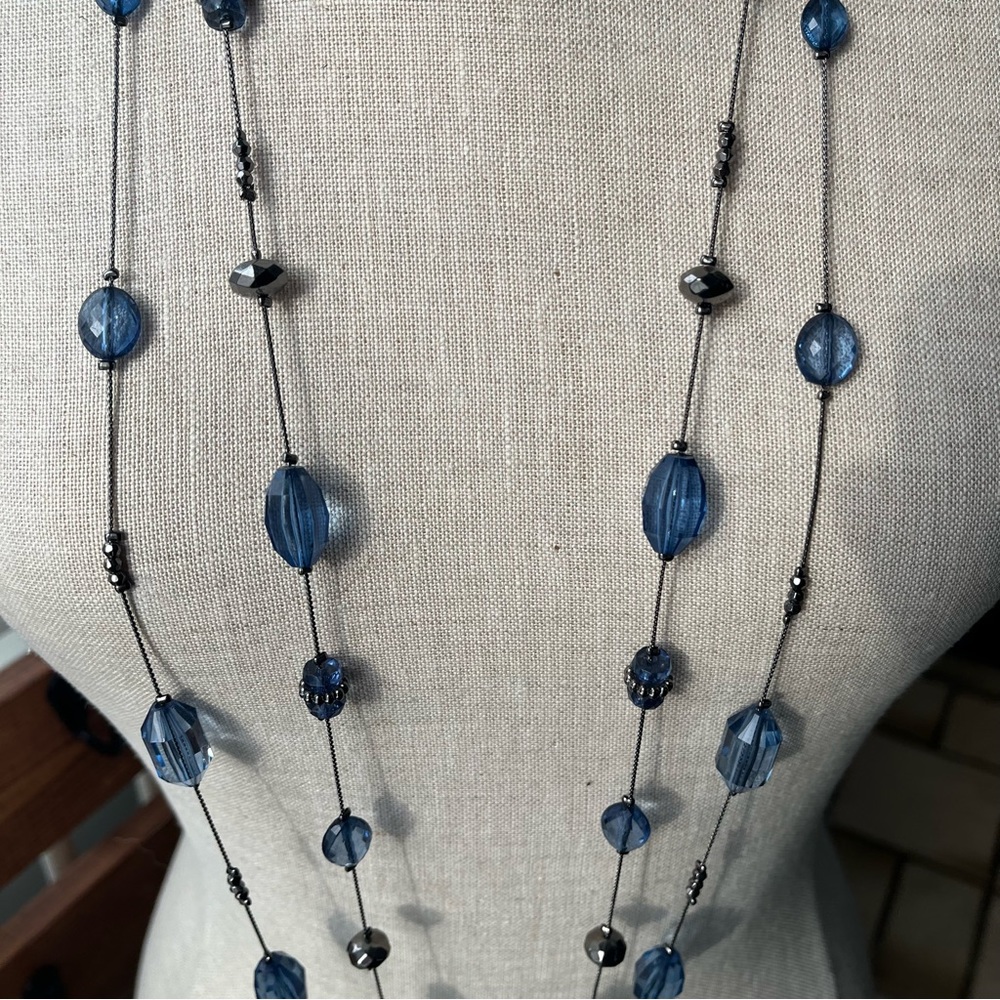 Vintage Two Strand Blue Beaded Long Necklace - Picture 4 of 8
